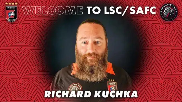 Bearded man Richard Kuchka welcomed to LSC SAFC on a red geometric background