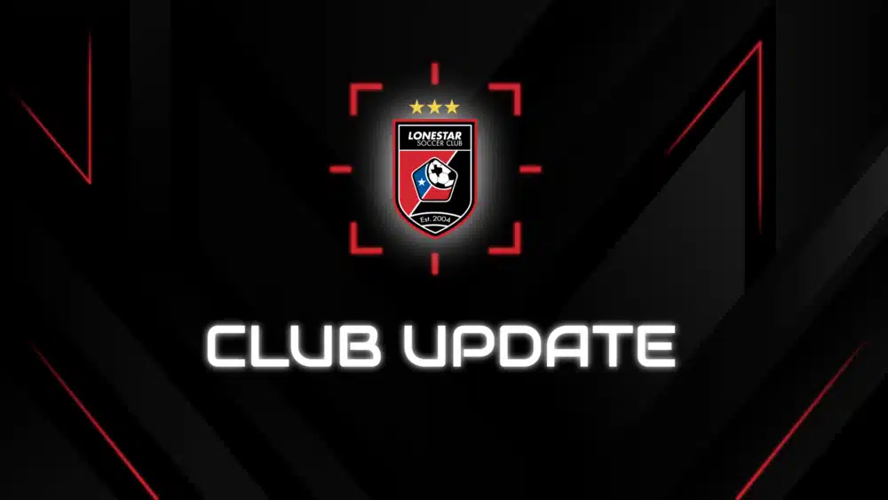 Soccer club update announcement with red and black theme and logo design